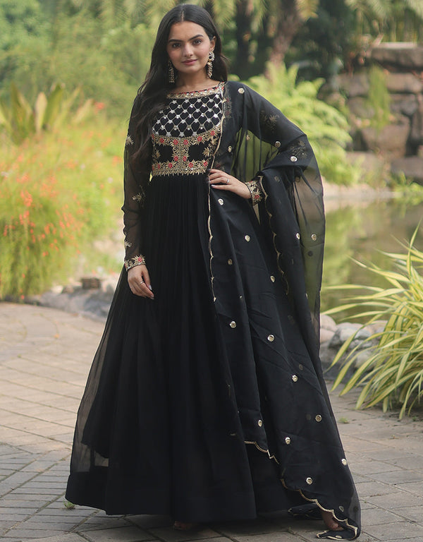 faux georgette trendy designer party wear readymade gown gown with designer jari,sequance embroidery work and purple dupatta 13563-acy3413 Front View